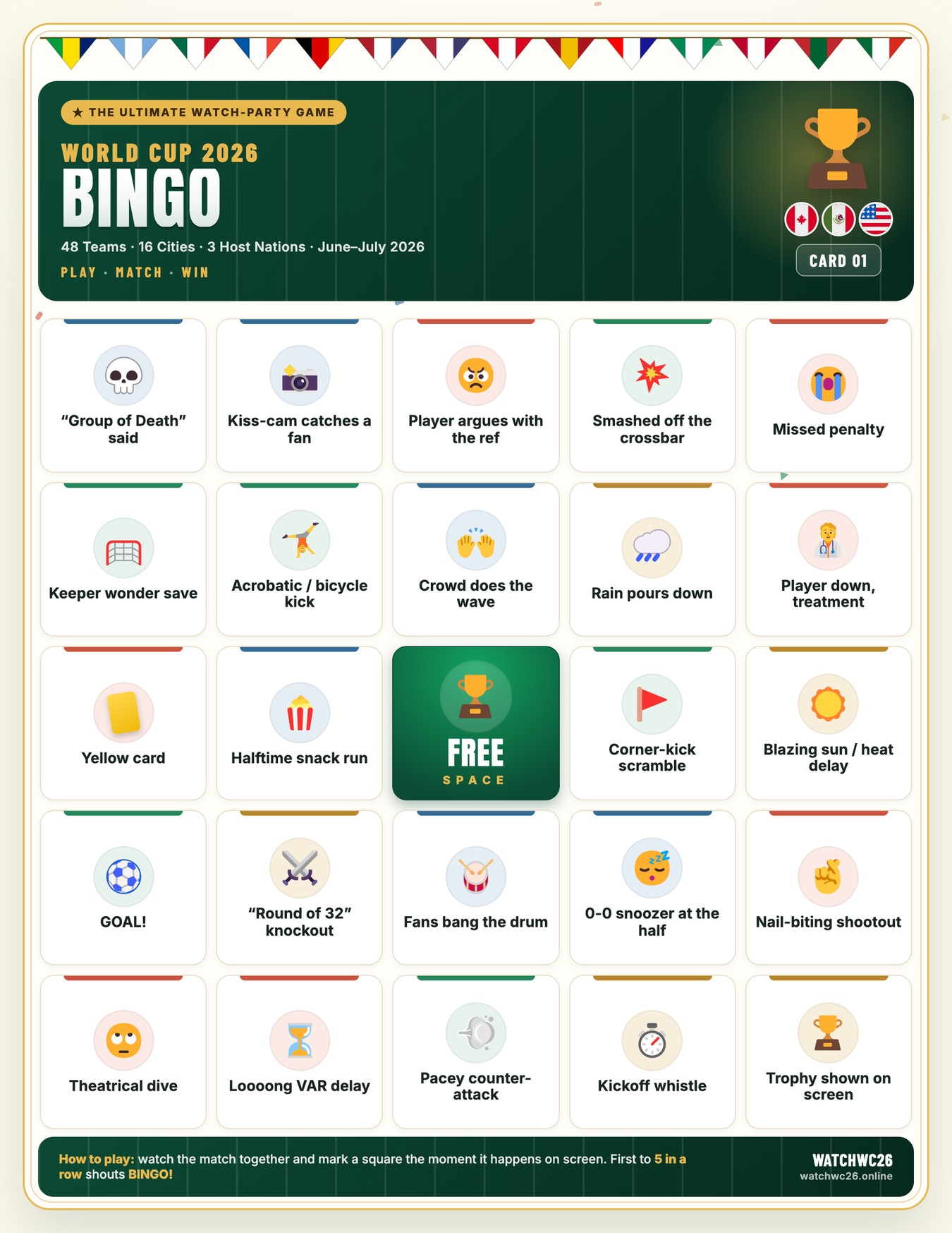Printable World Cup bingo moment card from the delivered party pack