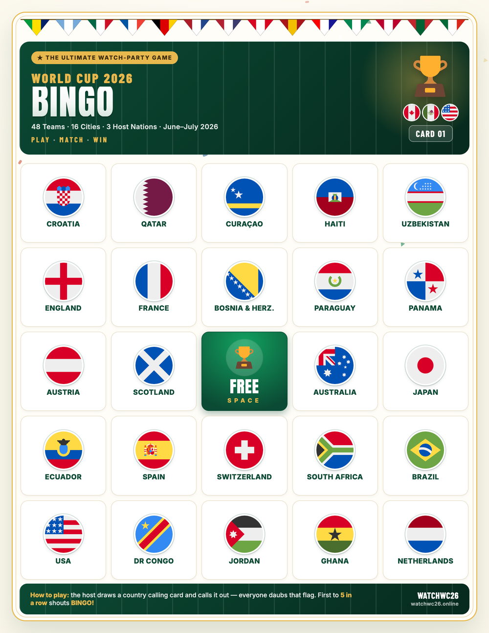 World Cup 2026 Flag Bingo printable cards preview with national flags