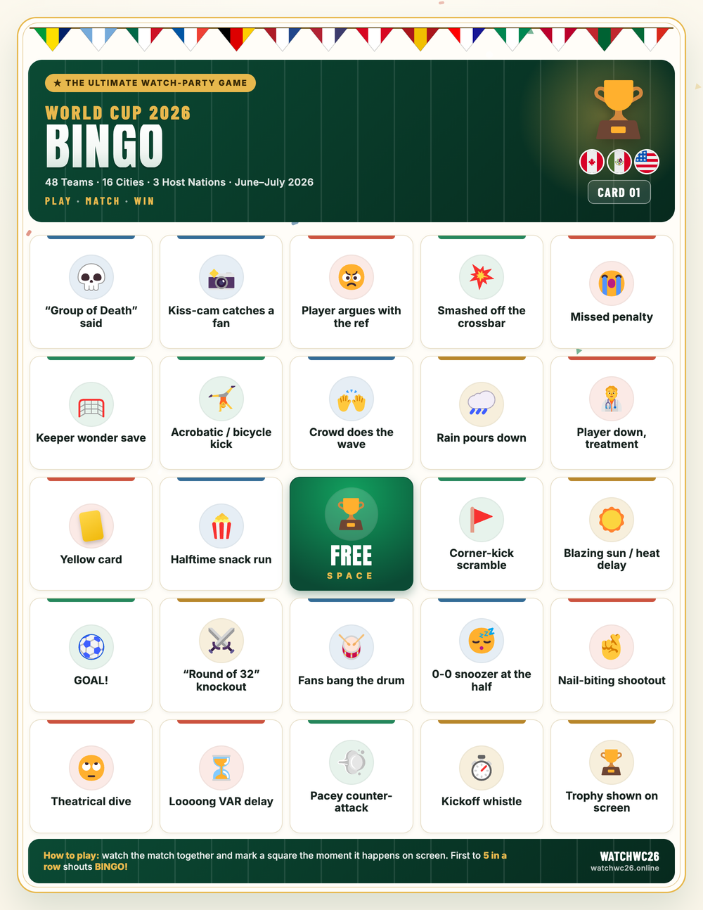 5x5 World Cup Moment Bingo card preview with VAR, penalty, yellow card, and nutmeg squares
