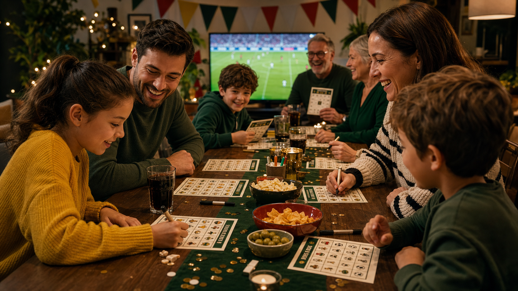 Family and friends playing printable World Cup bingo during a match