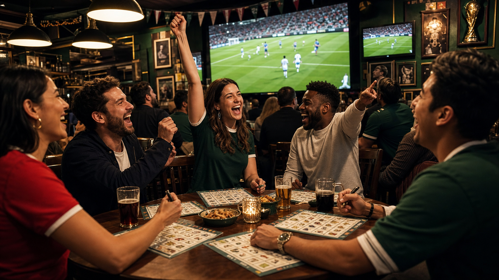 Pub watch party guests playing printable World Cup bingo together