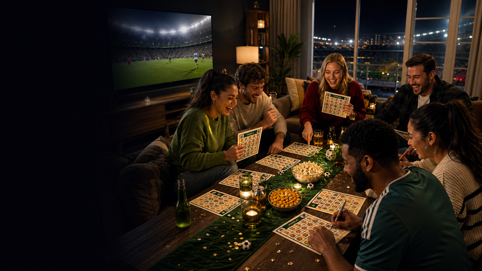 Friends playing printable World Cup bingo together during a watch party