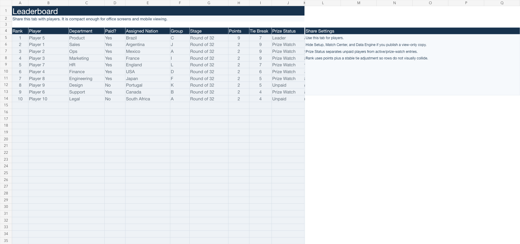 World Cup 2026 Office Pool Template leaderboard preview